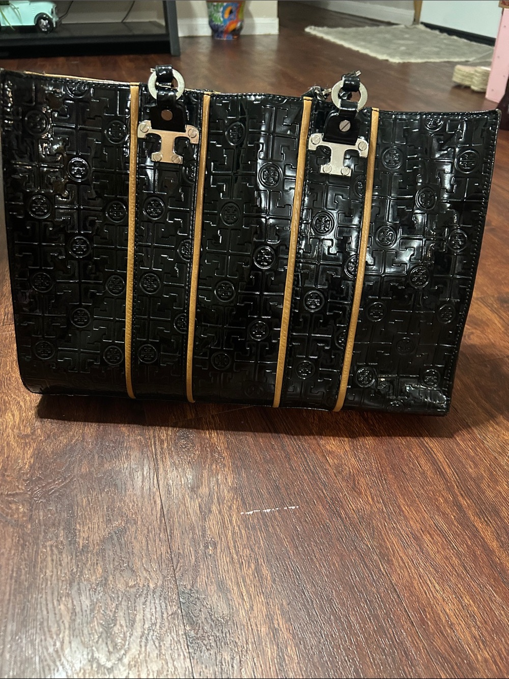 Tory Burch Black Patent Leather Tote with Tan Trim and Logo Embossing